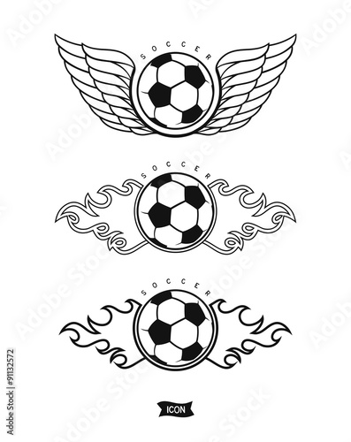 Set soccer ball with wings and fire. Isolated heraldic icons