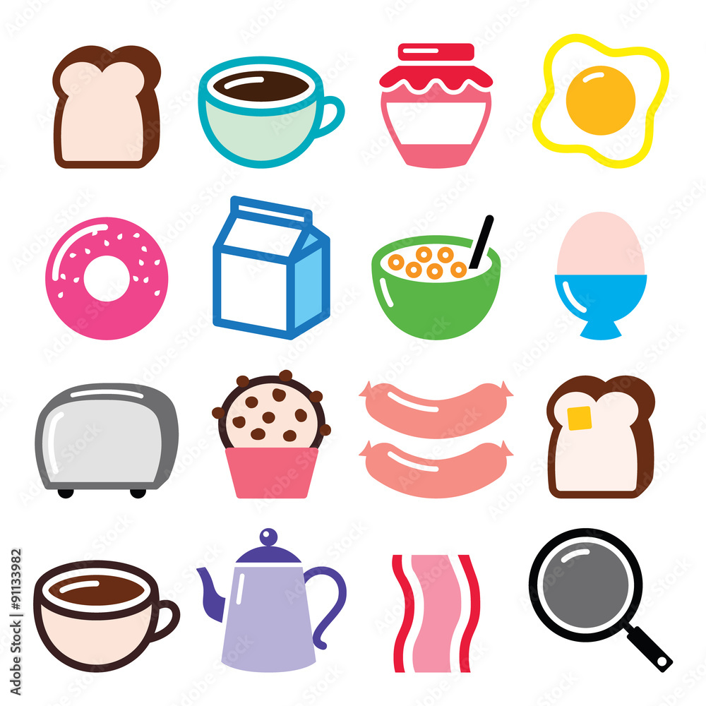 
Breakfast food vector icons set - toast, eggs, bacon, coffee 