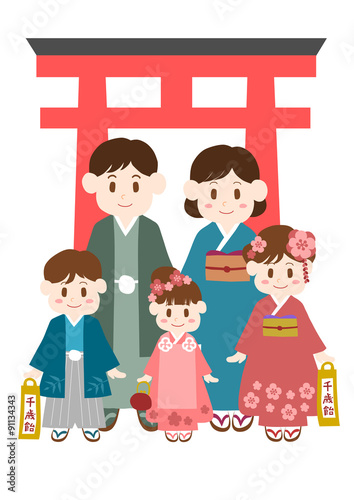七五三参りの家族のイラスト
