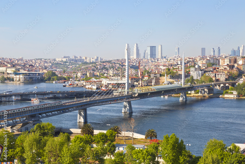 Panoramic view of the bridges over the Golden horn Bay. Top view