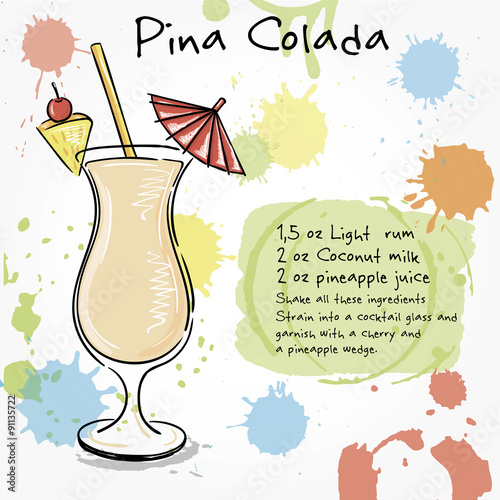 Pina Colada. Hand drawn illustration of cocktai.