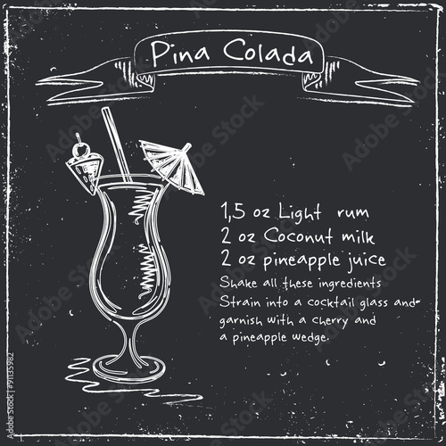 Pina Colada. Hand drawn illustration of cocktai.