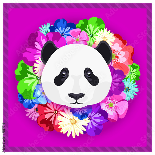 Fototapeta Naklejka Na Ścianę i Meble -  Vector portrait of a panda among the flowers. Beautiful, bright colors. Symmetrical portraits of animals. Vector Illustration, greeting card, poster. Icon. Animal face. Font inscription.