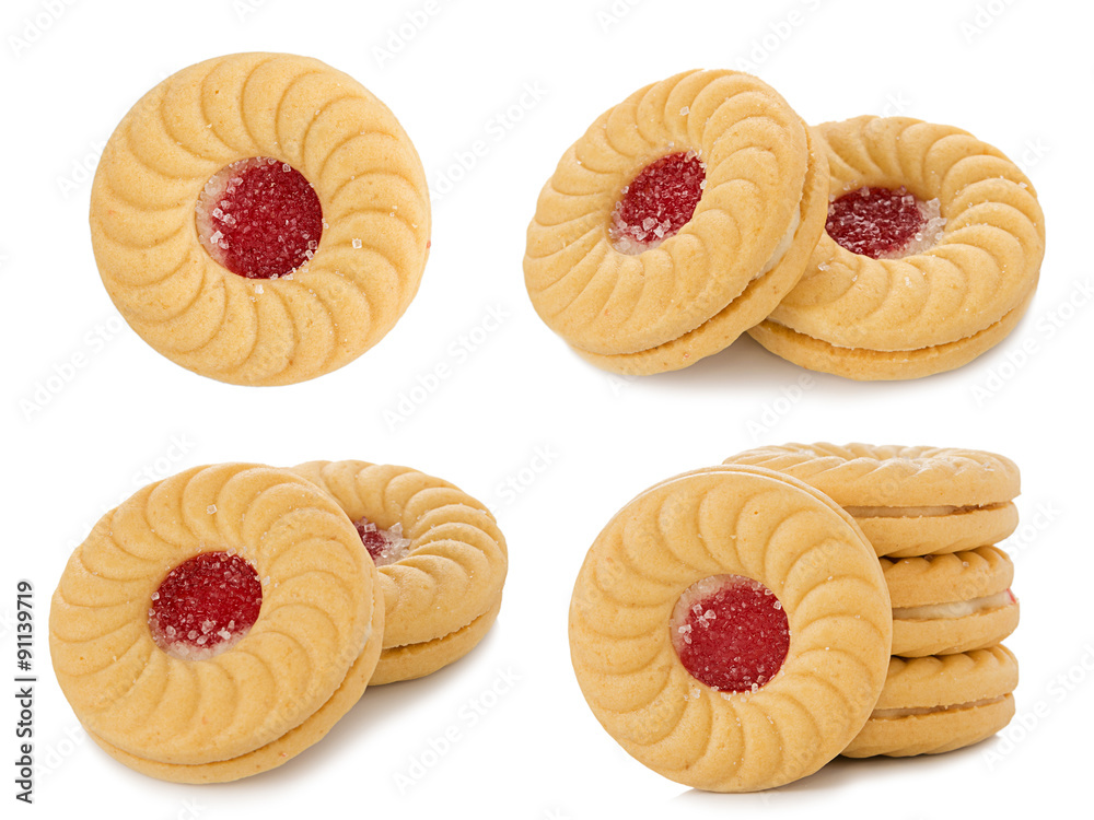 Sandwich biscuits with strawberry on white background