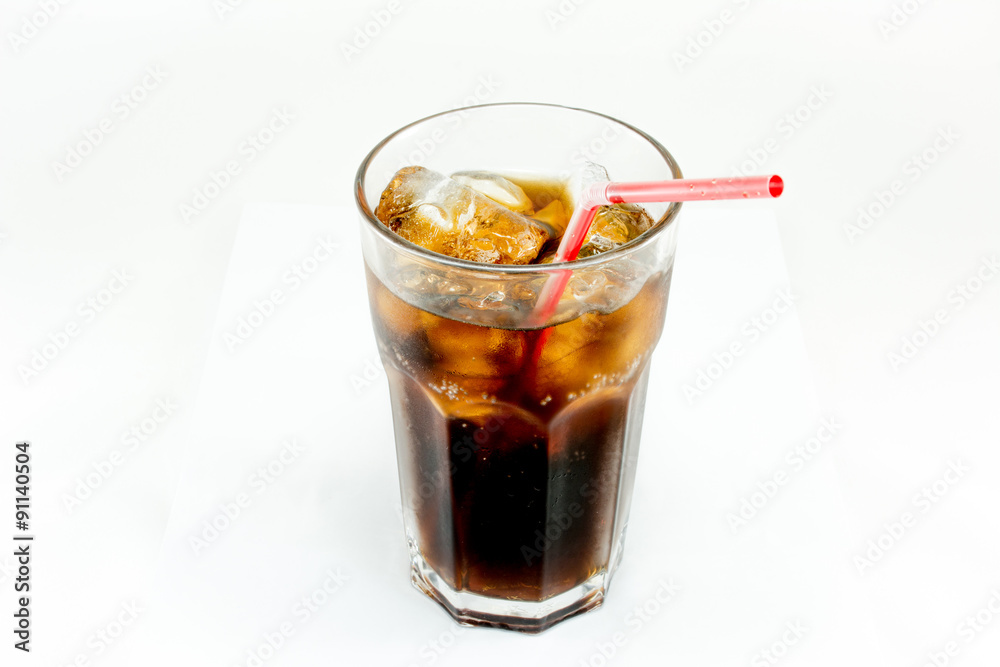 Glass of cola red straw with roll ice isolate white background Glass of cola red straw with roll ice isolate white background