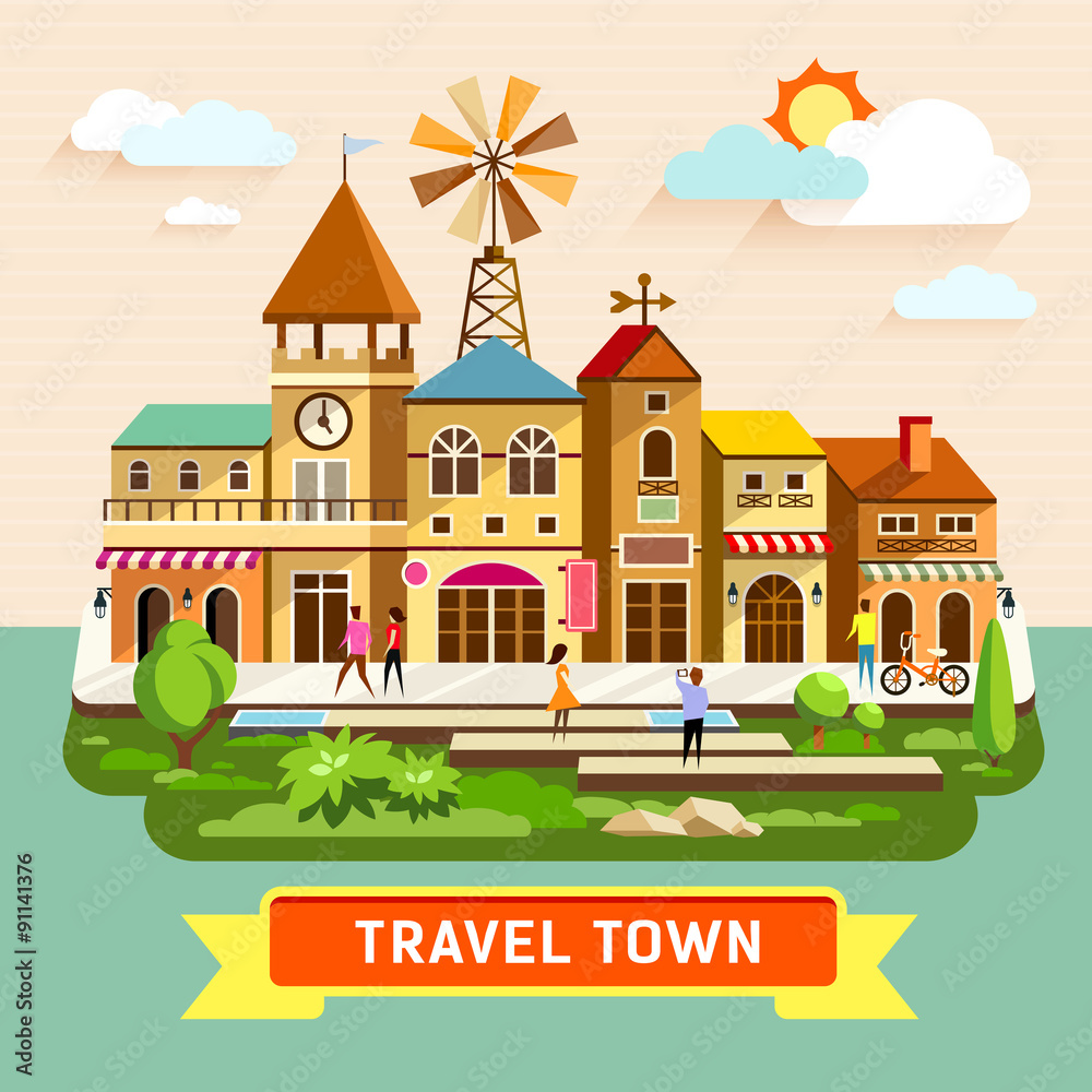 Vector Travel town vintage building where shopping restaurants colorful background