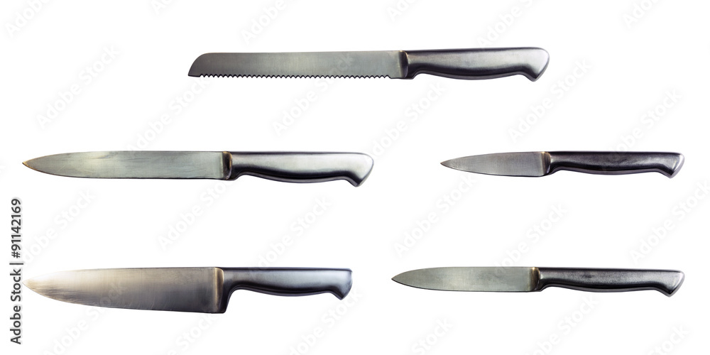 Kitchen knife isolated on a white background with clipping path. Closeup with no shadows. Stainless steel knife. Big set of different knives.
Kitchen knife isolated on a white background with clipping path. Closeup with no shadows. Stainless steel knife. Big set of different knives.