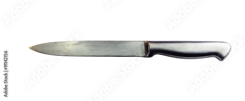 Kitchen knife isolated on a white background with clipping path. Closeup with no shadows. Stainless steel knife. Large long knife.