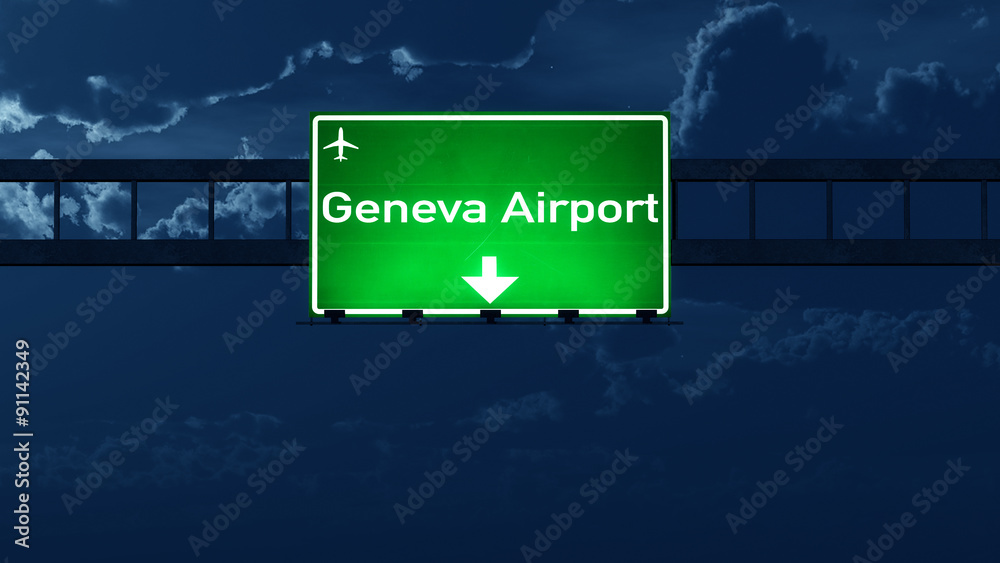 Geneva Switzerland Airport Highway Road Sign at Night