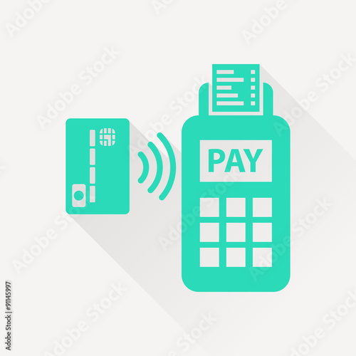 Card paying wirelessly over POS terminal. Vector icon.