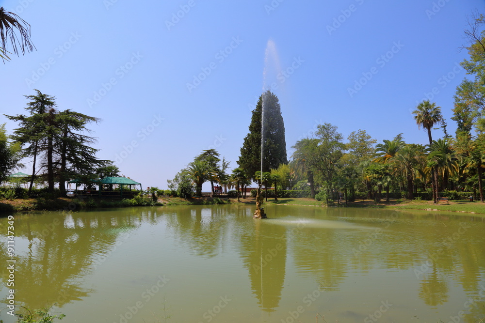 The fountain in the center of the pond