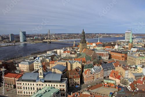 Aerial view of Riga center and river Daugava from St. Peter's Church, Riga, Latvia