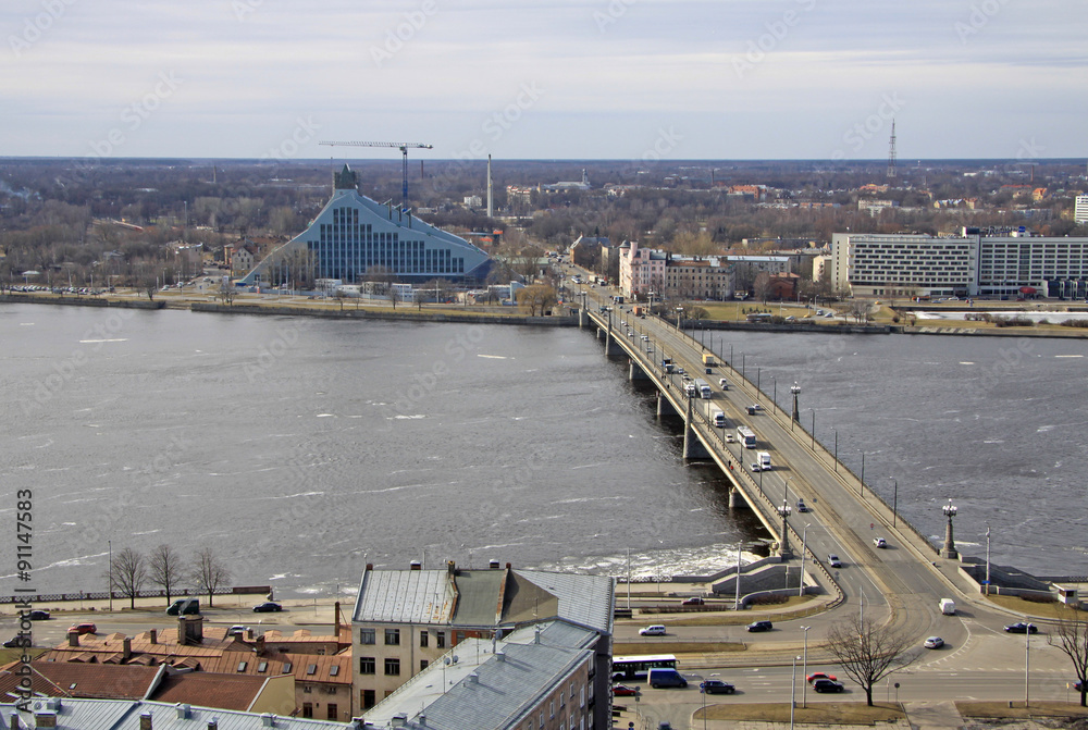 Aerial view of Riga, river Daugava and Stone Bridge from St. Peter's Church, Riga, Latvia