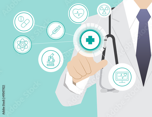 Medicine doctor  working with modern virtual technology, hand to