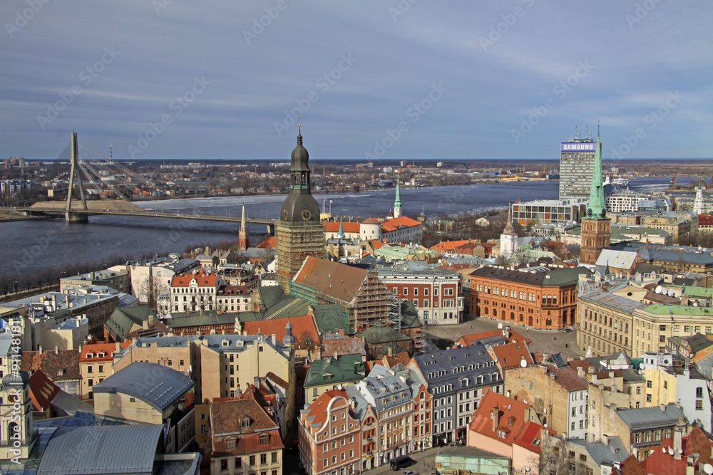 Aerial view of Riga center and river Daugava  from St. Peter's Church, Riga, Latvia