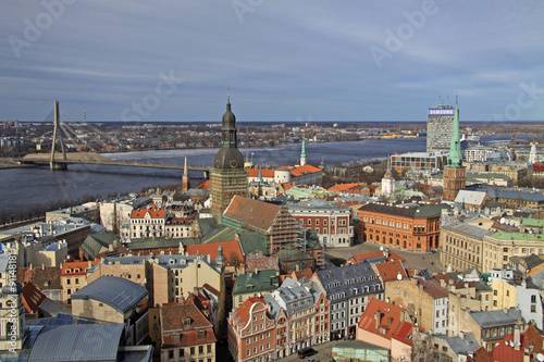 Aerial view of Riga center and river Daugava from St. Peter's Church, Riga, Latvia