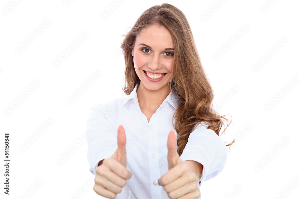 Beautiful happy smiling woman with thumbs up, isolated on white background Beautiful happy smiling woman with thumbs up, isolated on white background