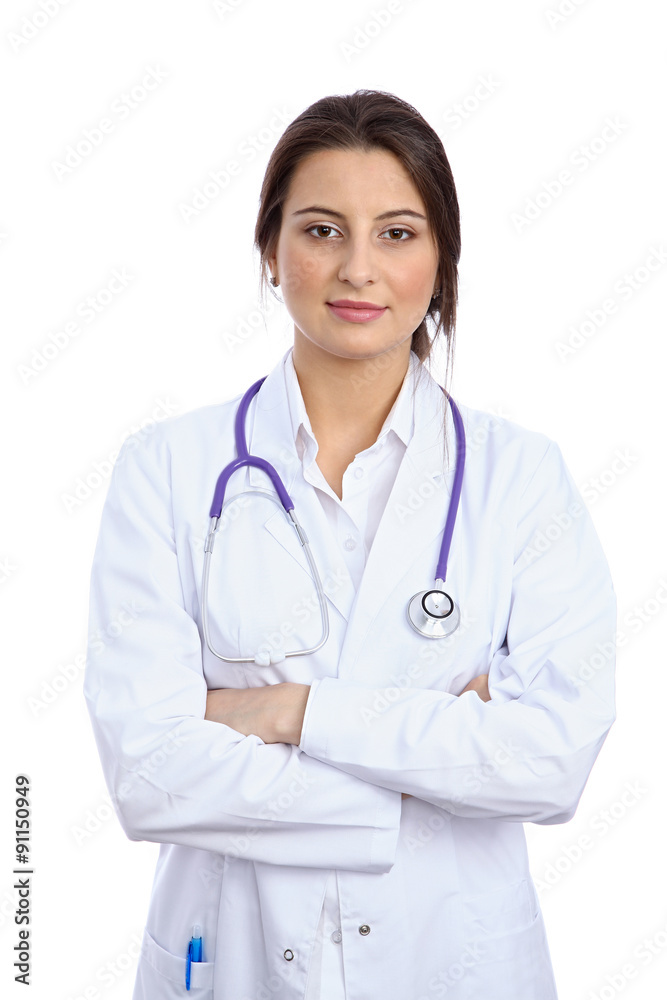 Friendly smiling young female doctor, isolated over white background Friendly smiling young female doctor, isolated over white background