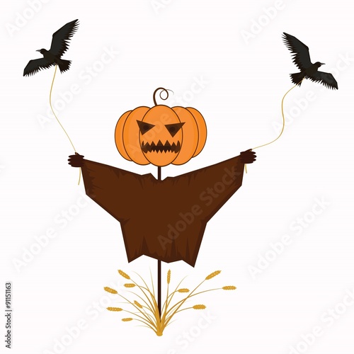 Spooky orange pumpkin holds two crows on a white background
