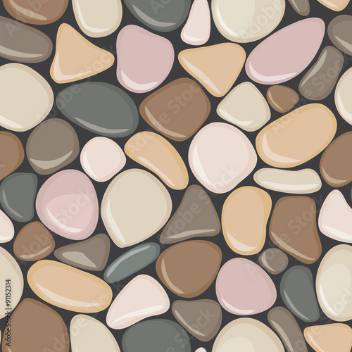 Stone seamless background texture. Pebbles seamless pattern. Colorful seaside wet pebble vector illustration. Spa stones flat design.