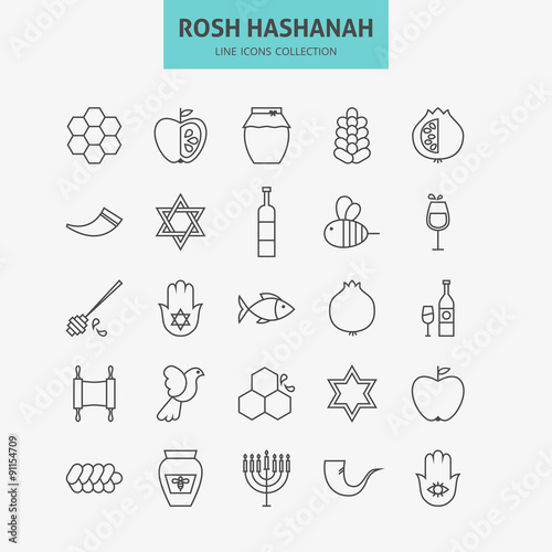 Line Jewish New Year Holiday Icons Big Set