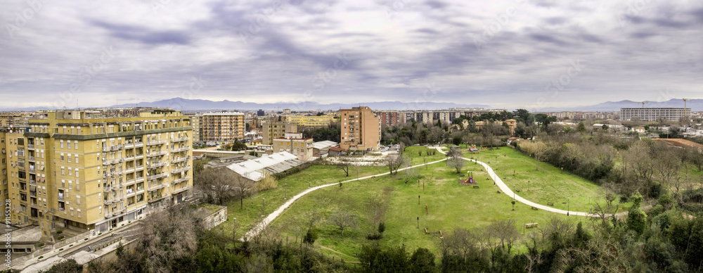 aerial view public park and housing suburb of Rome