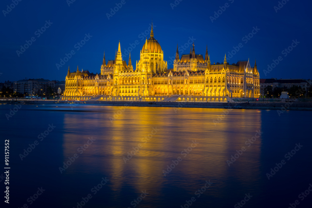 Parliament building in Budapest, Hungary in the evening