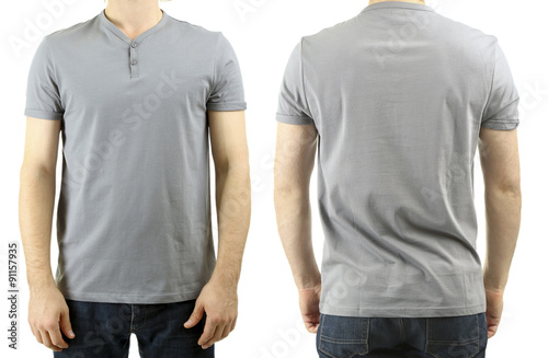 T-shirt on young man in front and behind isolated on white