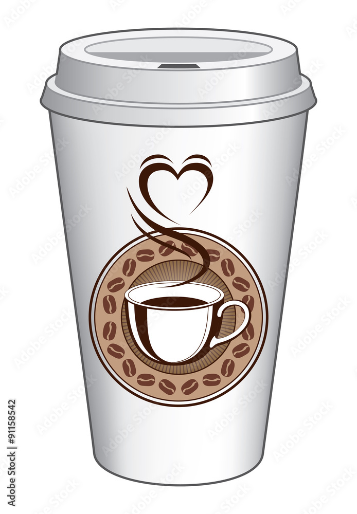 Vecteur Stock Coffee To Go Cup Design With Steaming Heart is an  illustration of a coffee design on a to go cup. Includes a cup of coffee  with steam coming off of