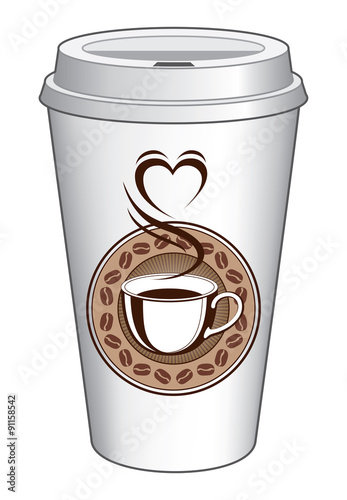 Coffee To Go Cup Design With Steaming Heart is an illustration of a coffee design on a to go cup. Includes a cup of coffee with steam coming off of it making the shape of a heart.