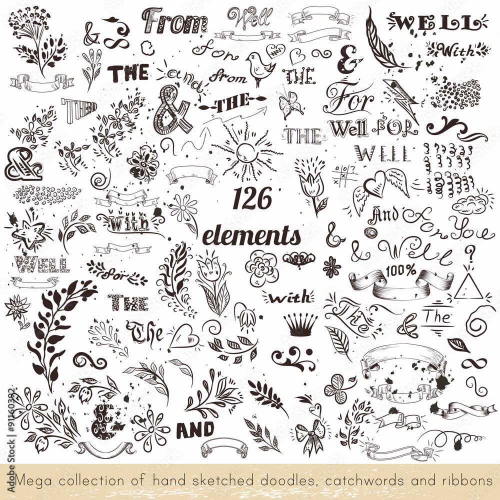 Set of vector hand sketched doodles, catchwords and ribbons