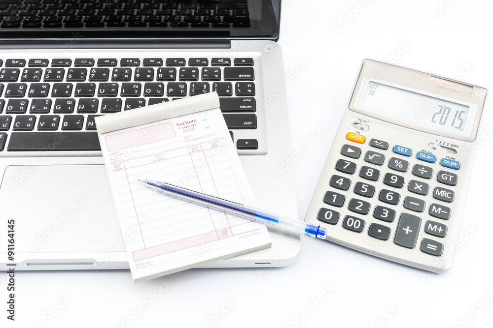 Bill cash, calculator, money, laptop for office work Bill cash, calculator, money, laptop for office work