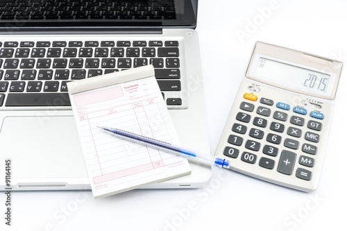 Bill cash, calculator, money, laptop for office work