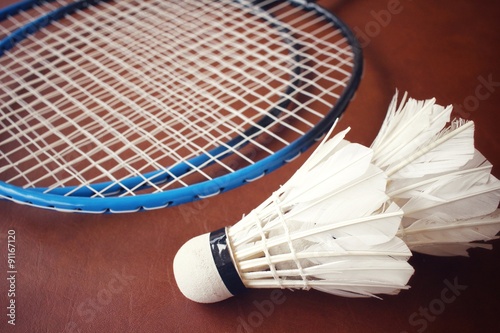 Shuttlecocks with badminton racket. © Successo images