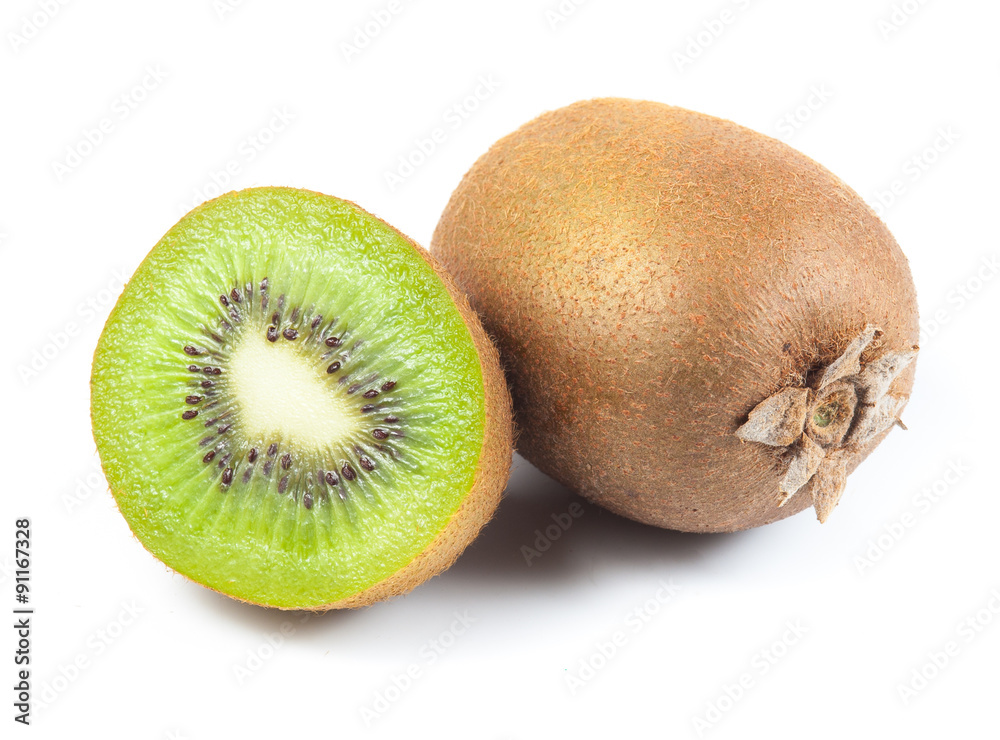 Juicy kiwi fruit and leaves isolated on white Juicy kiwi fruit and leaves isolated on white