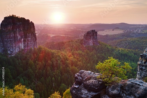 Popular climbers resort in Saxony park, Germany. Sharp sandstone cliffs above deep valley.
