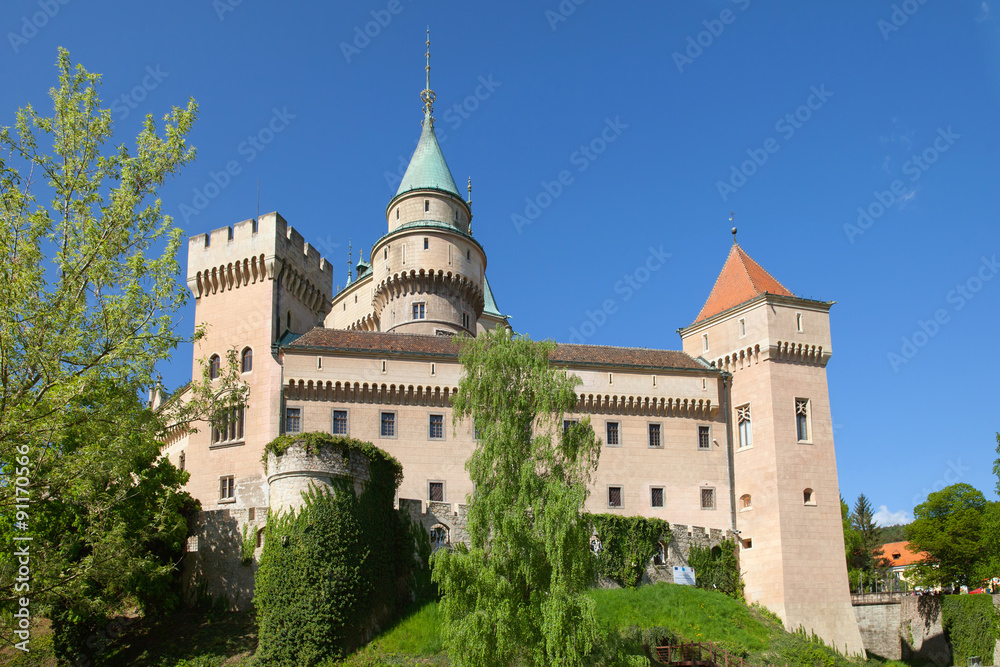 BOJNICE, SLOVAKIA - MAY, 07, 2015: The view of Bojnice castle in the springtime.  Bojnice Castle is one of the most visited castles in Slovakia.