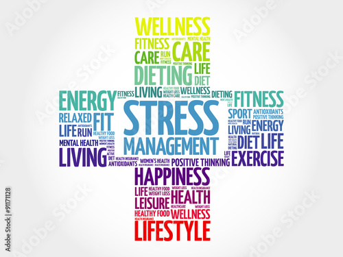 Stress Management word cloud, health cross concept