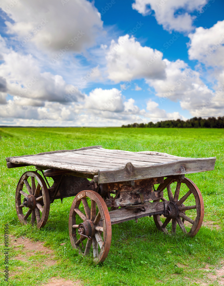 Empty old rural wooden wagon stands on field