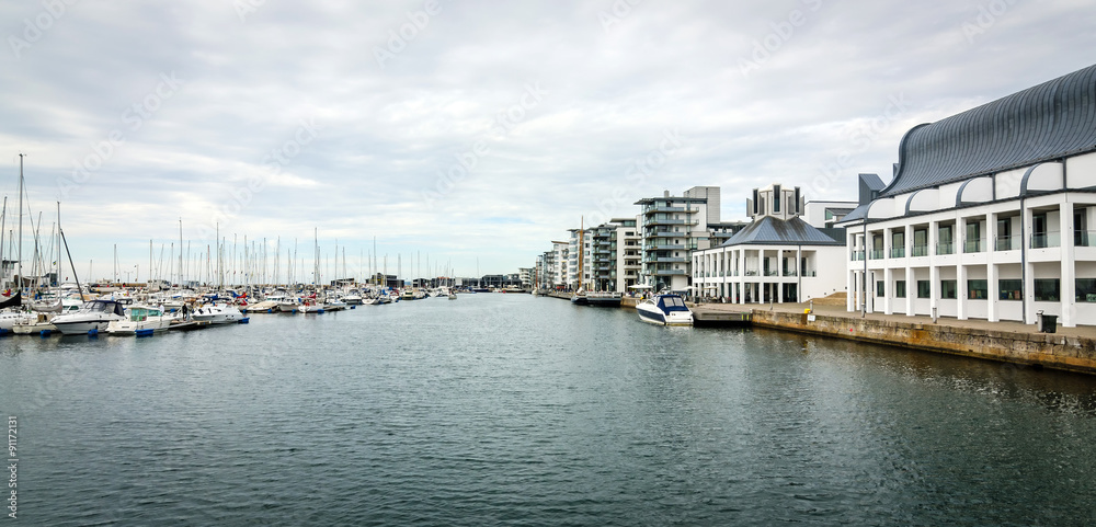 Helsingborg yacht harbor with city architecture