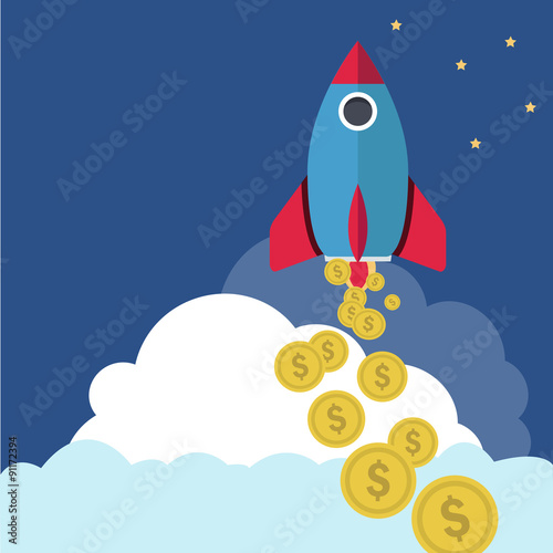 Business start up launch - money making rocket with dollars