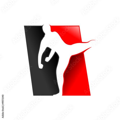 Martial Arts Kick Silhouette Logo - High Kick MMA Fighter Illustration on Red and Black Background