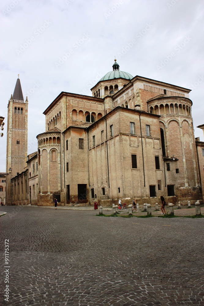 Piazzale San Giovanni and Backside of Cathedral of Santa Maria Assunta in Parma Italy