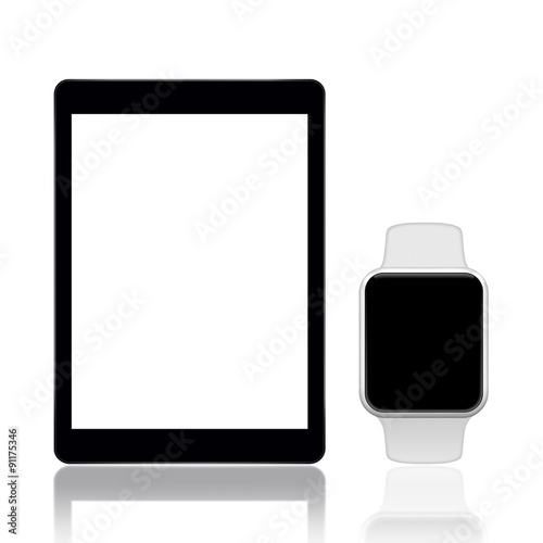 Tablet and smart watch on white