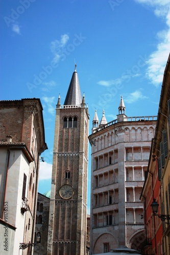 The bell tower of the cathedral Santa Maria Assunta and the baptistery in Parma Italy