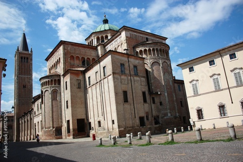 View from Piazzale San Giovanni to Cathedral of Santa Maria Assunta in Parma Italy 