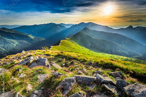 Wonderful sunset in mountains in summer