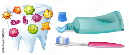Tooth with bacteria and cleaning set