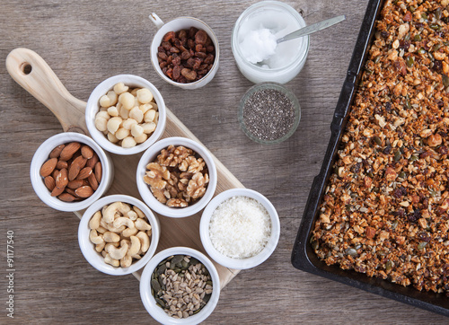Grain free granola: mixed nuts, seeds, raisins, coconut flakes, chia and coconut oil