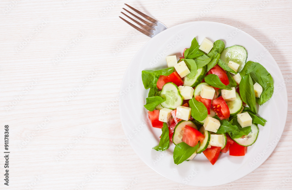 Fresh salad with tomatoes, arugula, cucumber and cheese cubes Fresh salad with tomatoes, arugula, cucumber and cheese cubes